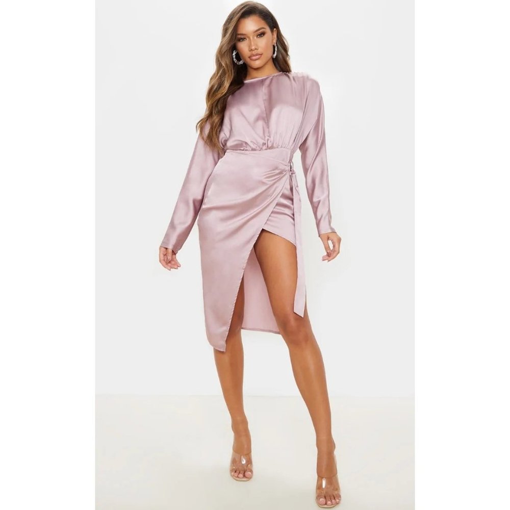 NWT Pretty Little Thing Satin wrap midi dress backless UK 10, US 6